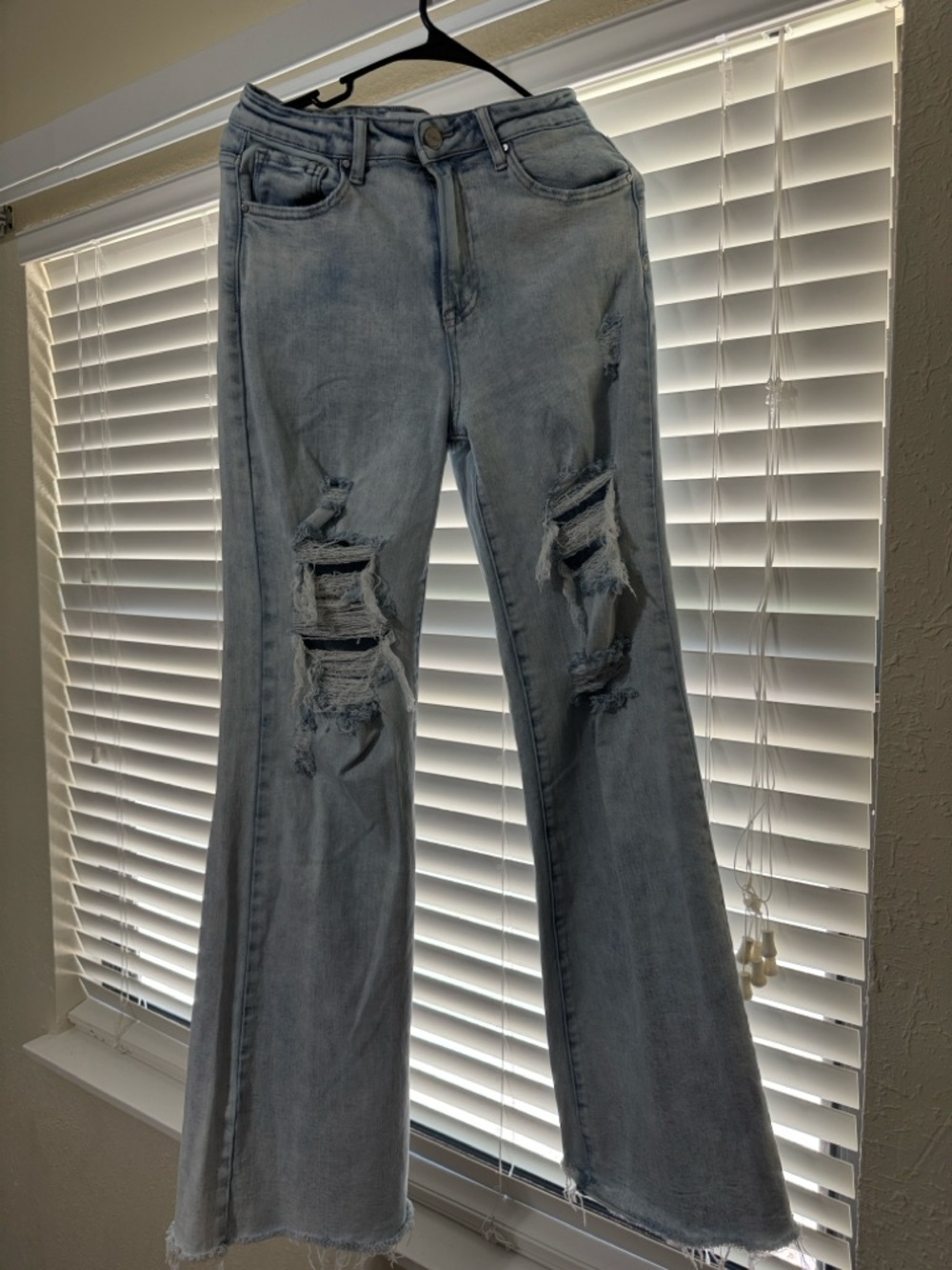 Light Blue Distressed Flare Jeans - Women's Wide Leg